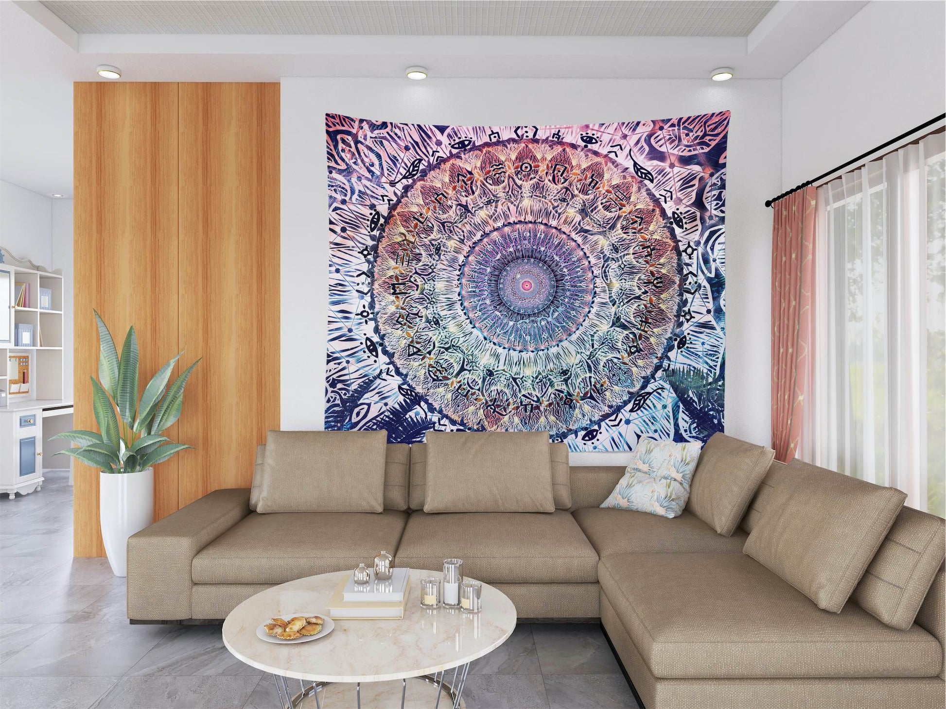 Waiting Bliss extra large mandala wall tapestry above couch
